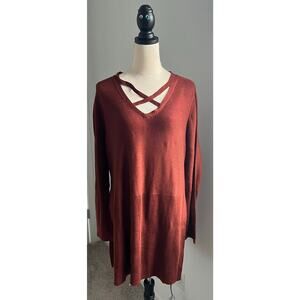 K Jordan Criss Cross Neck Pull-Over Long Sleeve Brown Rust Side Slits Sweater XL